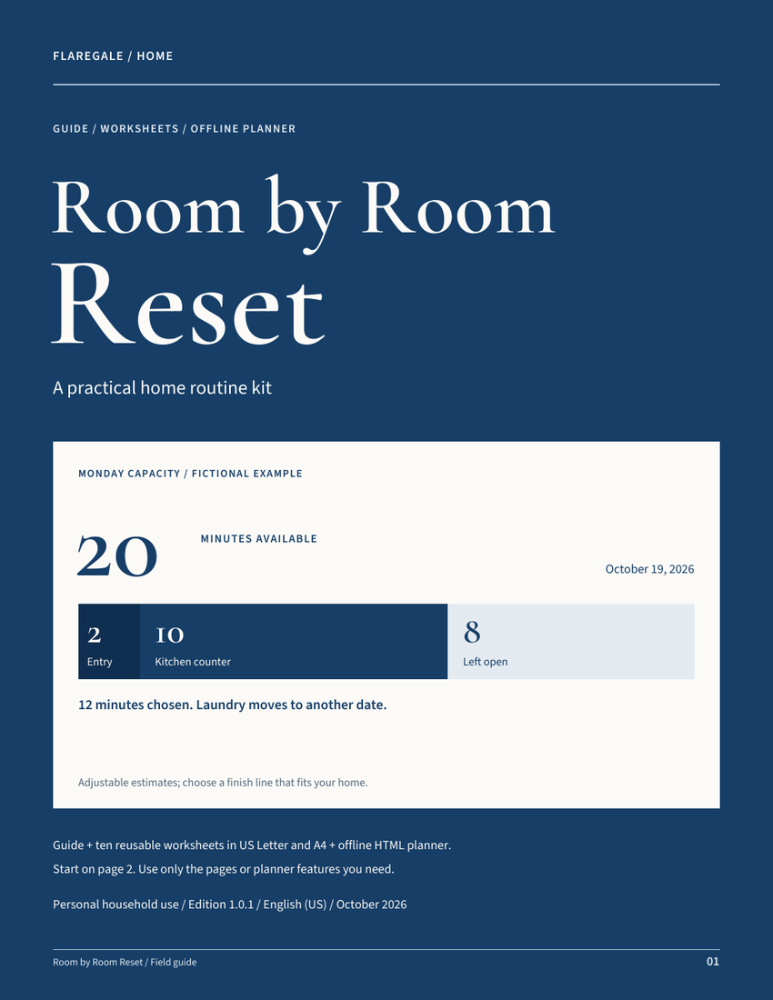 Blue Room by Room Reset cover showing a twenty-minute plan: two minutes for the entry, ten for the counter and eight left open.