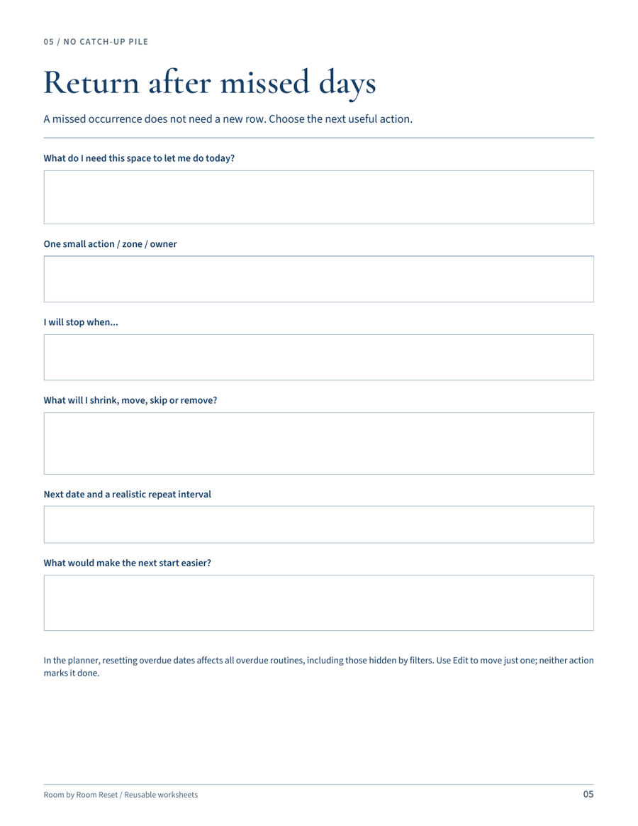 Return after missed days worksheet with space for one action, an agreed owner, a finish line and the next date.