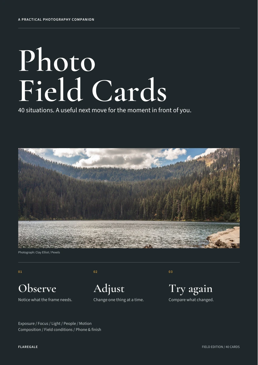 Photo Field Cards cover with a real mountain lake photograph and the Observe, Adjust, Try again method.