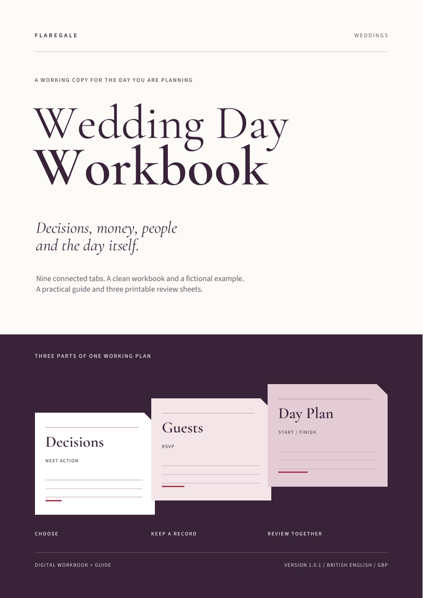 Wedding Day Workbook guide cover in ivory and plum, with sections for decisions, guests and day planning.